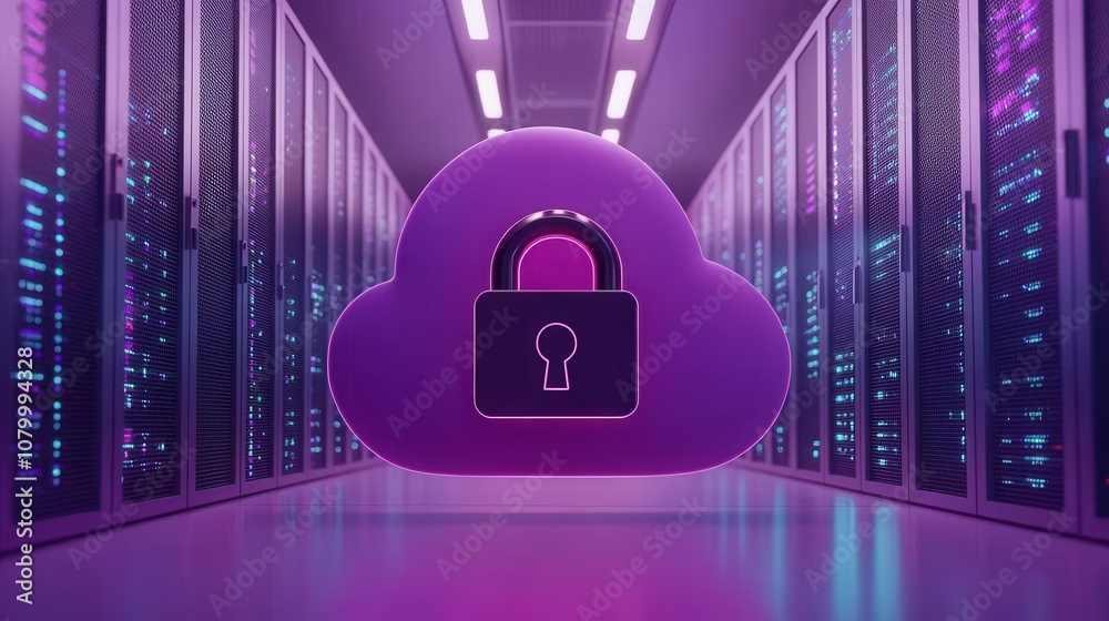 Poster secure cloud with lock icon in data center environment