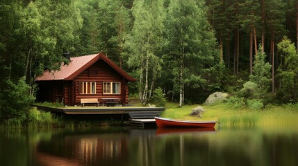 A Scandinavian log cabin by a peaceful lake, with a small dock, a rowboat, and surrounding pine trees, ideal for serene, nature-inspired settings.