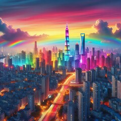 Fototapeta premium Rainbow City A colorful rainbow hued cityscape at sunset ;