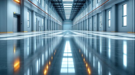 Fototapeta premium A spacious, modern corridor with reflective flooring and lighting.