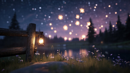 serene countryside landscape at night with glowing lantern by lake, surrounded by wildflowers and trees, as fireworks light up starry sky in background