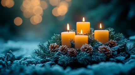 Glowing Yellow Candles with Pine Cones and Fir Branches 