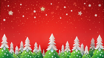 Obraz premium Red background with snowy Christmas trees 