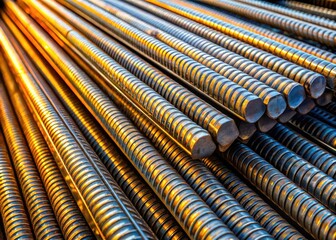 Close-Up of Ribbed Steel Rods Highlighting Intricate Details and Light Play
