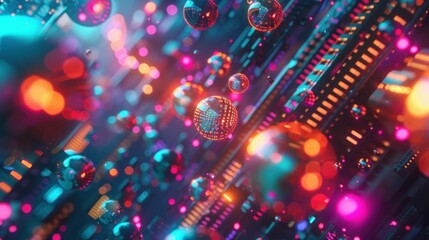 Fototapeta premium A vibrant, abstract digital scene with floating spheres and glowing lights, representing technology.