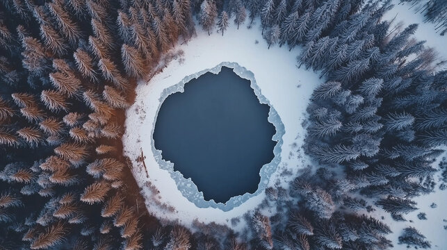 Aerial View of a Frozen Lake Surrounded by Snowy Forest.