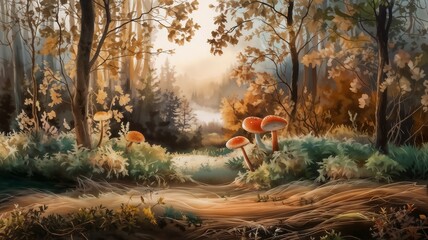 Fototapeta premium Delicate mushrooms growing amidst autumn foliage in tranquil forest