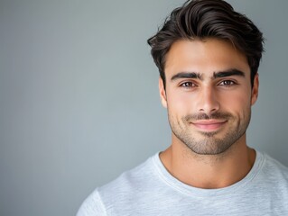 Fototapeta premium Confident and Gentle Person with a Warm Smile Looking Directly at the Camera Against a Subtle Gray Background for Stock Photography Needs