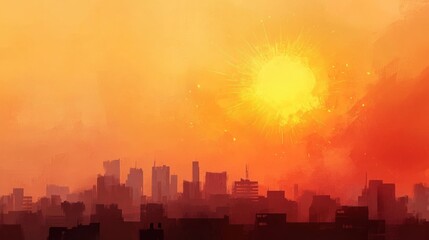 Fototapeta premium Fiery sunset over a silhouetted city skyline, AI