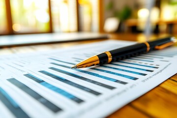 Fototapeta premium A close-up view of a pen resting on financial documents with charts, highlighting a professional workspace filled with natural light.