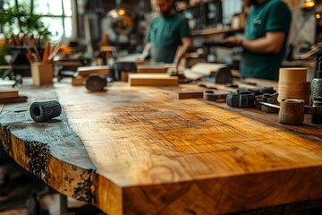 A well-lit woodworking workshop with a large wooden table surrounded by tools and materials, showcasing craftsmanship in progress.