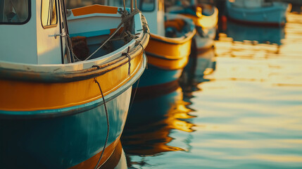 Obraz premium Traditional Fishing Boats in Harbor at Sunset with Reflections.