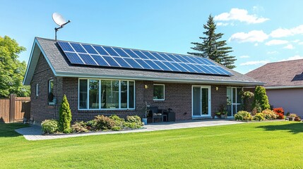 Naklejka premium Modern Home with Solar Panels and Green Landscape