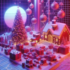 3d render christmas atmosphere, Synthwave/Vaporwave	 theme