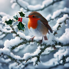 Robin on a Snowy Branch – A small robin perched on a snow lade