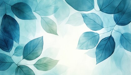 Watercolor illustration of blue leaves on a white background with a copy space in the middle.