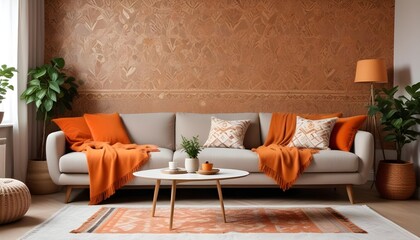 Scandinavian living room interior design zoom background,Doodle patterned wallpaper graphics