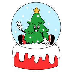 Christmas Tree Retro Cartoon Character Sitting In Snow Globe and Doing Two Finger Illustration