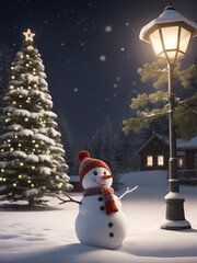 Obraz premium snowman with christmas tree and gifts