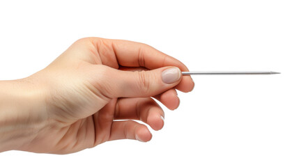 A female hand holds a needle on white transparent background