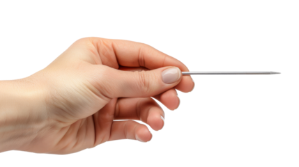 A female hand holds a needle on white transparent background