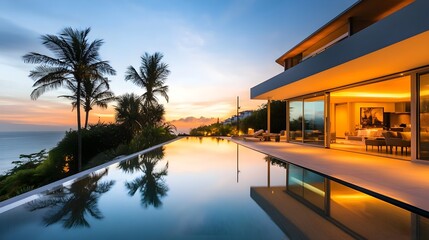 Obraz premium A sleek, modern villa with large glass windows, an infinity pool reflecting the sunset, and ambient outdoor lighting, surrounded by palm trees. 