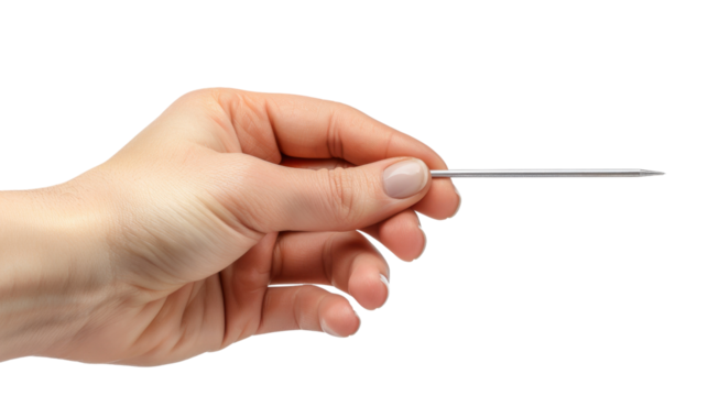 A female hand holds a needle on white transparent background