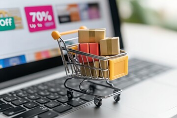 Online Shopping Cart on Laptop Keyboard with Discount Sign