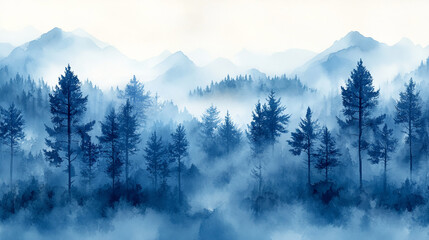 Fototapeta premium Dreamy Winter Forest Scene in Watercolor Winter, nature, serenity, watercolor, ethereal, peaceful, snow-covered trees, tranquility, artistic.