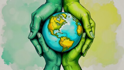 Two green hands holding a globe symbolizing unity and environmental awareness
