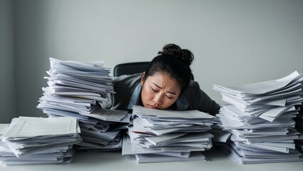 Overwhelmed woman buried in stacks of paperwork at her desk, showcasing the stress of a heavy workload, copy space