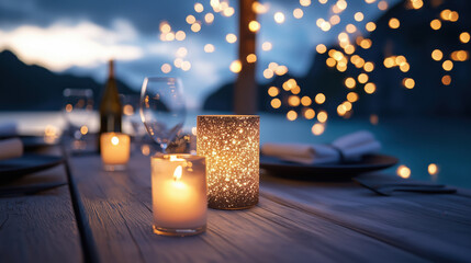 romantic dinner setup on balcony with glowing candles and sparkling lights, creating magical atmosphere by water