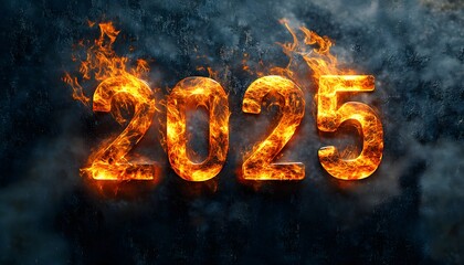 A fiery representation of the year 2025, with glowing flames engulfing the bold numbers. The dramatic effect symbolizes transformation, passion, and a vibrant future ahead.