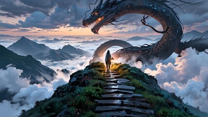 Fototapeta premium a dragon is on a mountain with a dragon on the top.