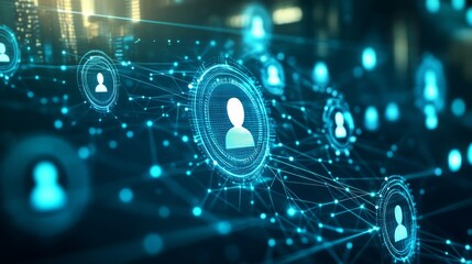 Futuristic network illustration with interconnected lines and dots in dark blue with person profile icon, cityscape background.