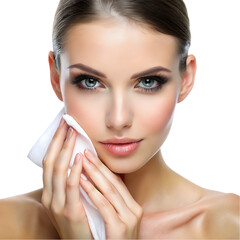 Portrait beautiful blond woman with blue eyes in azure