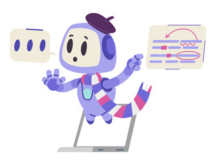 Artificial intelligence robot character in foreign language education concept flat vector illustration isolated on white. Ai bot checking spelling in text and pronunciation. 