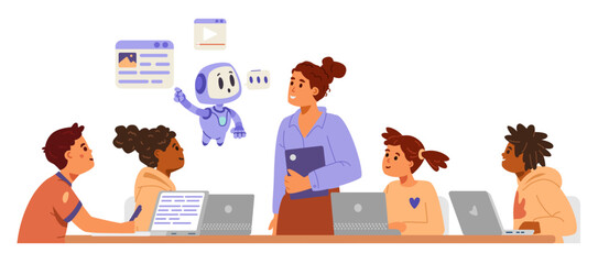 Artificial intelligence in school education concept flat vector illustration isolated on white. Multiracial school children with laptops and teacher listening to Ai bot explaining some information.