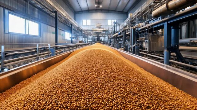 Panorama of a high-capacity chicken feed plant, with automated mixers and conveyors at the top processing grains and nutrients. The middle area shows rows of feed pellets in large containers