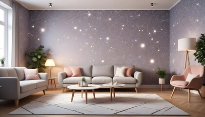 Scandinavian living room interior design zoom background,Doodle patterned wallpaper graphics