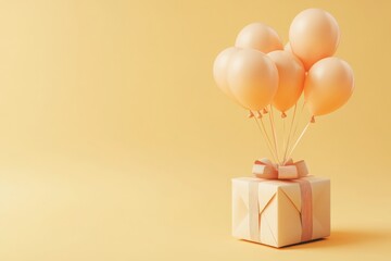 Celebration Gift with Floating Balloons on Pastel Yellow Background