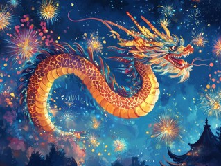 Fototapeta premium Dragon on a blue background with bright lights