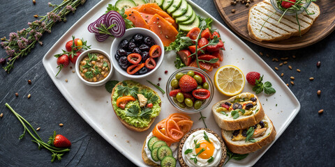 tray with food on the table, variety, dishes,