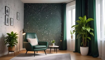 Scandinavian living room interior design zoom background,Doodle patterned wallpaper graphics