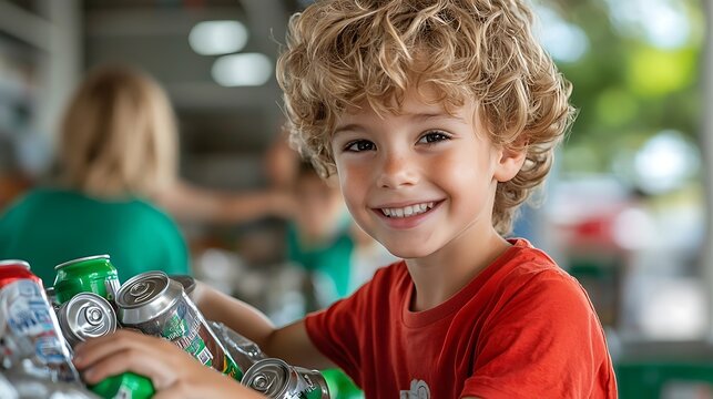 Energetic and happy young boy with vibrant curly hair smiling joyfully while sitting in an indoor environment