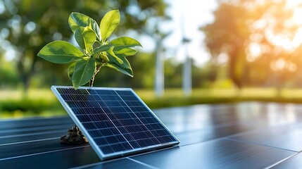Fototapeta premium Solar powered green plant growing against a serene rural backdrop with bright sunlight illuminating the peaceful countryside landscape Renewable energy and eco friendly concept