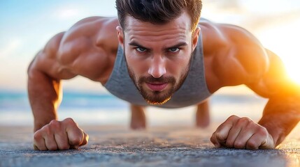 Muscular and fit male athlete doing pushup workout on sandy beach with sunset in the background Concept of strength fitness and an active lifestyle