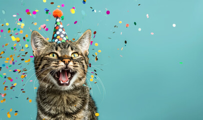 Celebration Tabby: A Delighted Cat in Party Hat with Colorful Confetti