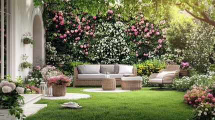 Fototapeta premium Relaxing Garden Oasis with Blooming Roses and Wicker Furniture
