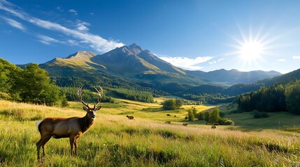 Naklejka premium Stunning mountain landscape with a grazing deer in an autumn meadow Picturesque scenic view of the rugged peaks lush vegetation and golden sunlight in a serene and peaceful rural setting